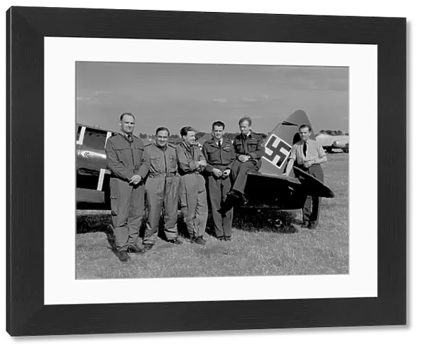 Pilots of 5 and 17 Squadron who flew Spitfires painted to represent Me109s at RAF Display, Farnborough