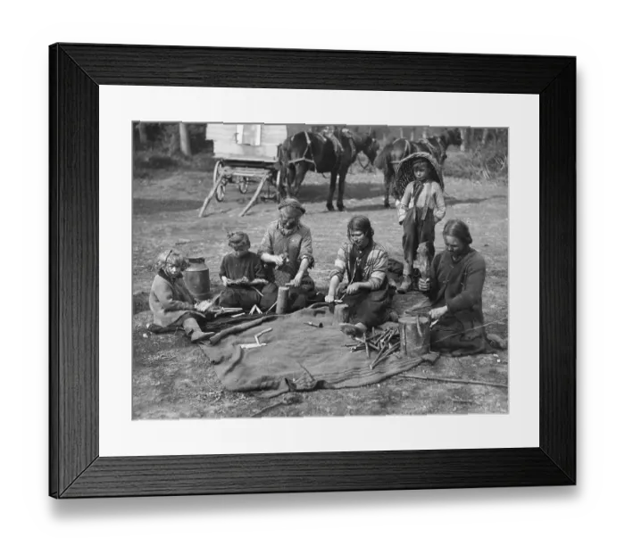 Framed Print : Romany children making clothes pegs