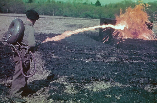 Flamethrower. Testing a flamethrower, circa 1944