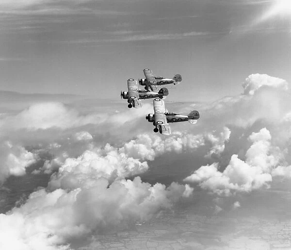 Gloster Gladiator I aircraft of 87 Squadron RAF tied together in formation, Debden, 1938